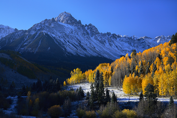 mt sneffels, mt. sneffels, mount sneffels, sneffels, san juan mountains, colorado, autumn, fall, aspens, snow,  photo