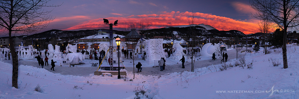 snow sculptures, panorama, river walk center, breckenridge, colorado, baldy mountain, sunset photo