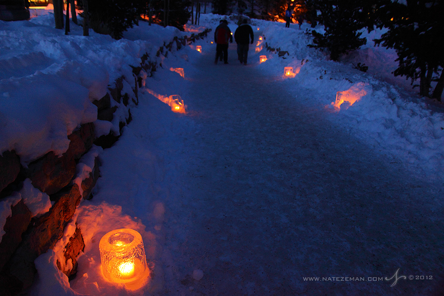 Ice lanterns light the way.